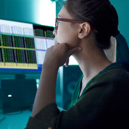 Student works at a group of computers