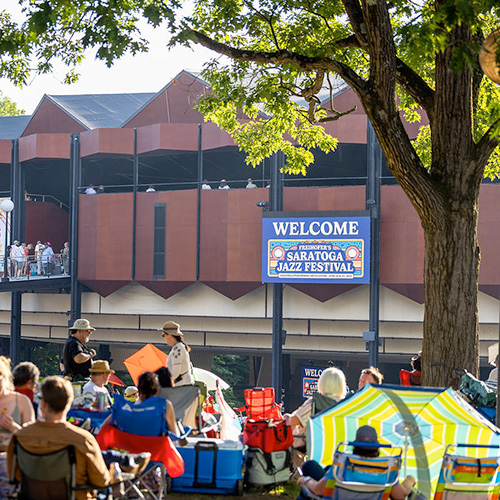 People sitting on lawn outside concert venue