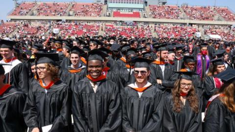 students in cap and gown at graduation