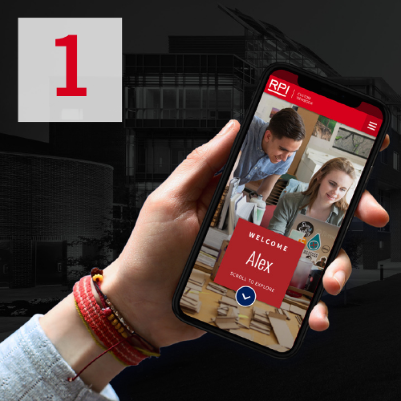 Close up of a hand holding a phone showing the Viewbook app